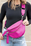 Model wearing a Women's bright pink Chic & Comfy Wide Strap Crossbody bag across the front