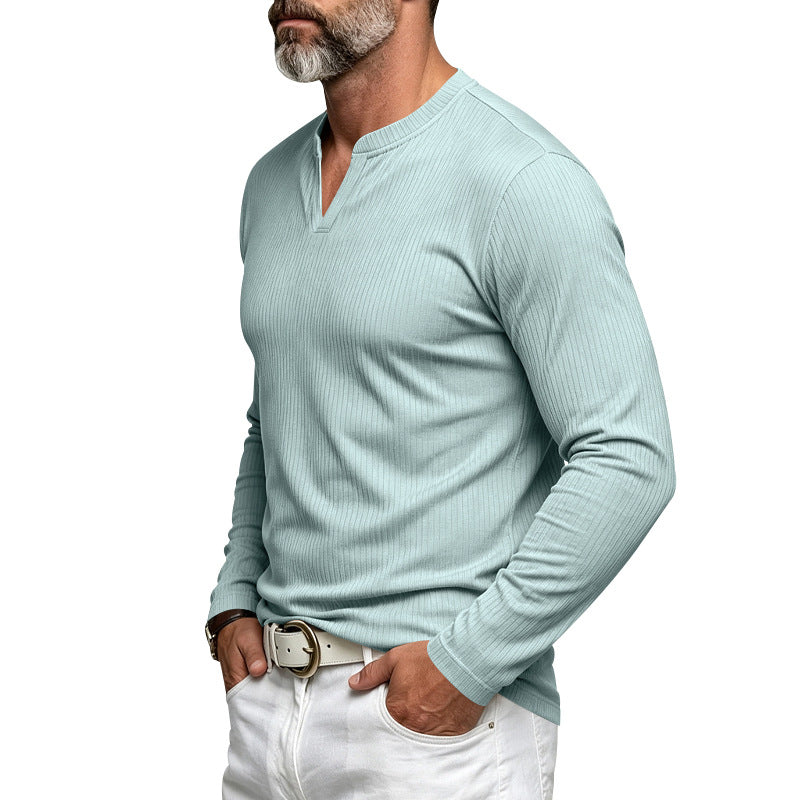 
Model wearing a mint green Men's Ribbed V-Neck Casual Long-Sleeve side view