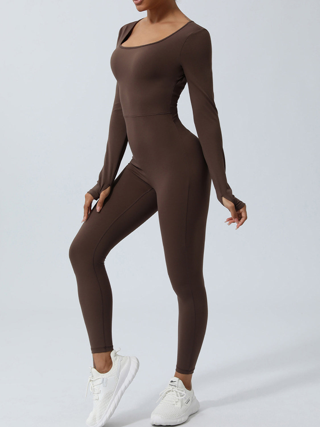 Trendy Women's Chocolate Twisted Backless Long Sleeve Jumpsuit-front view