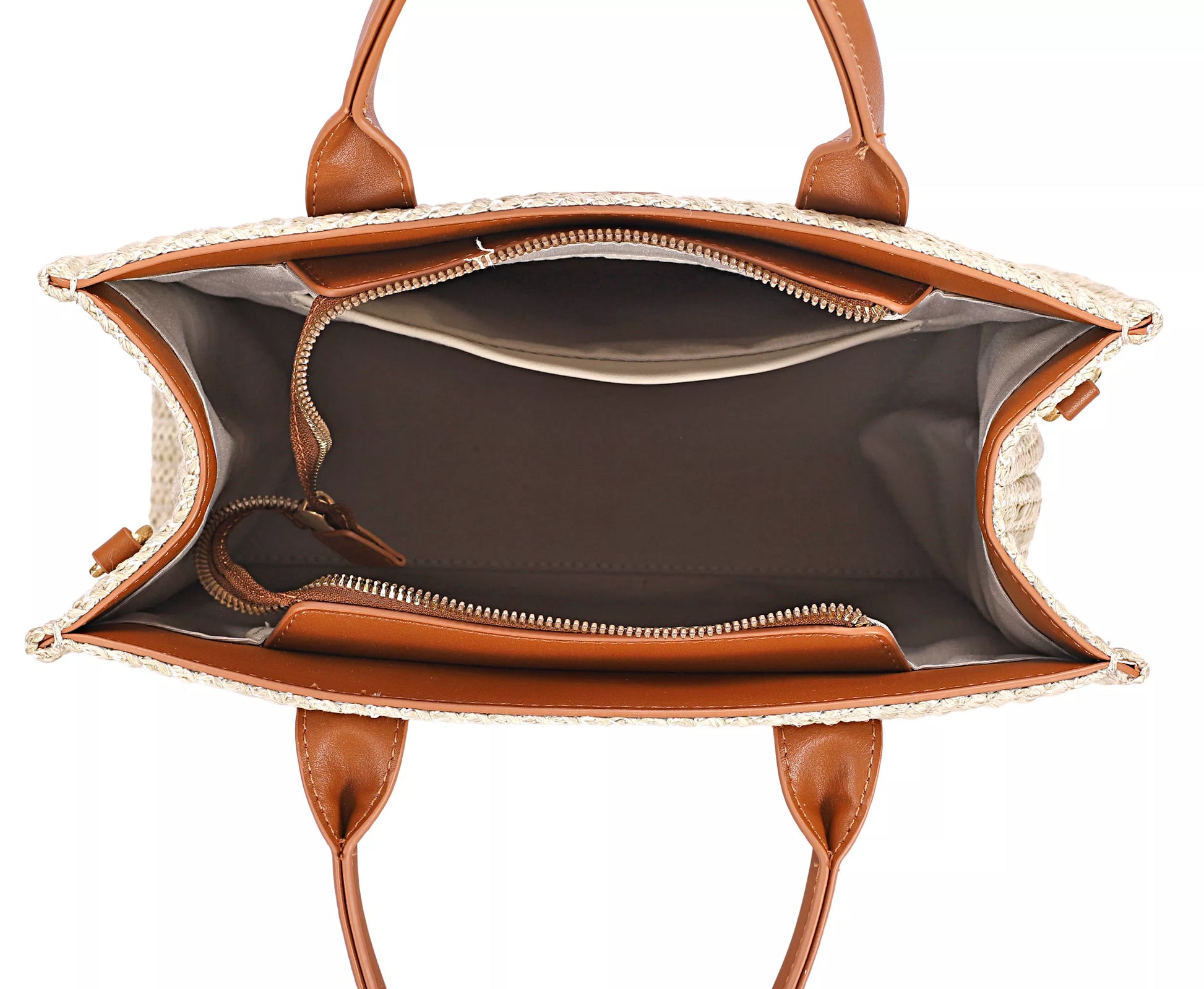 Brown handbag with visible interior on a white background