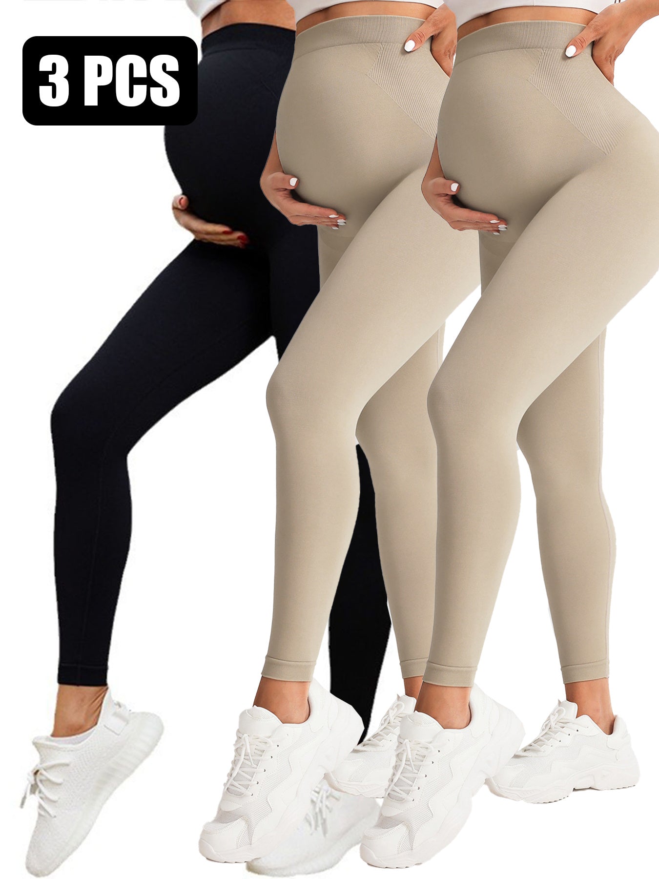 Three pairs of leggings in black, beige, and another beige color worn by models on a white background.