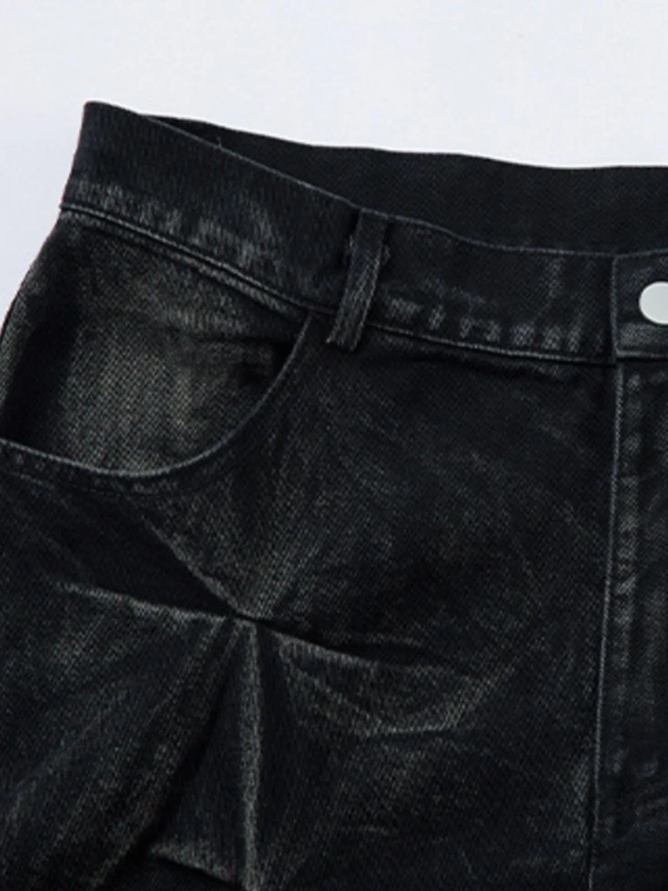  Men's black Wide Leg Jeans with Edgy Ruched Detail  front pocket view