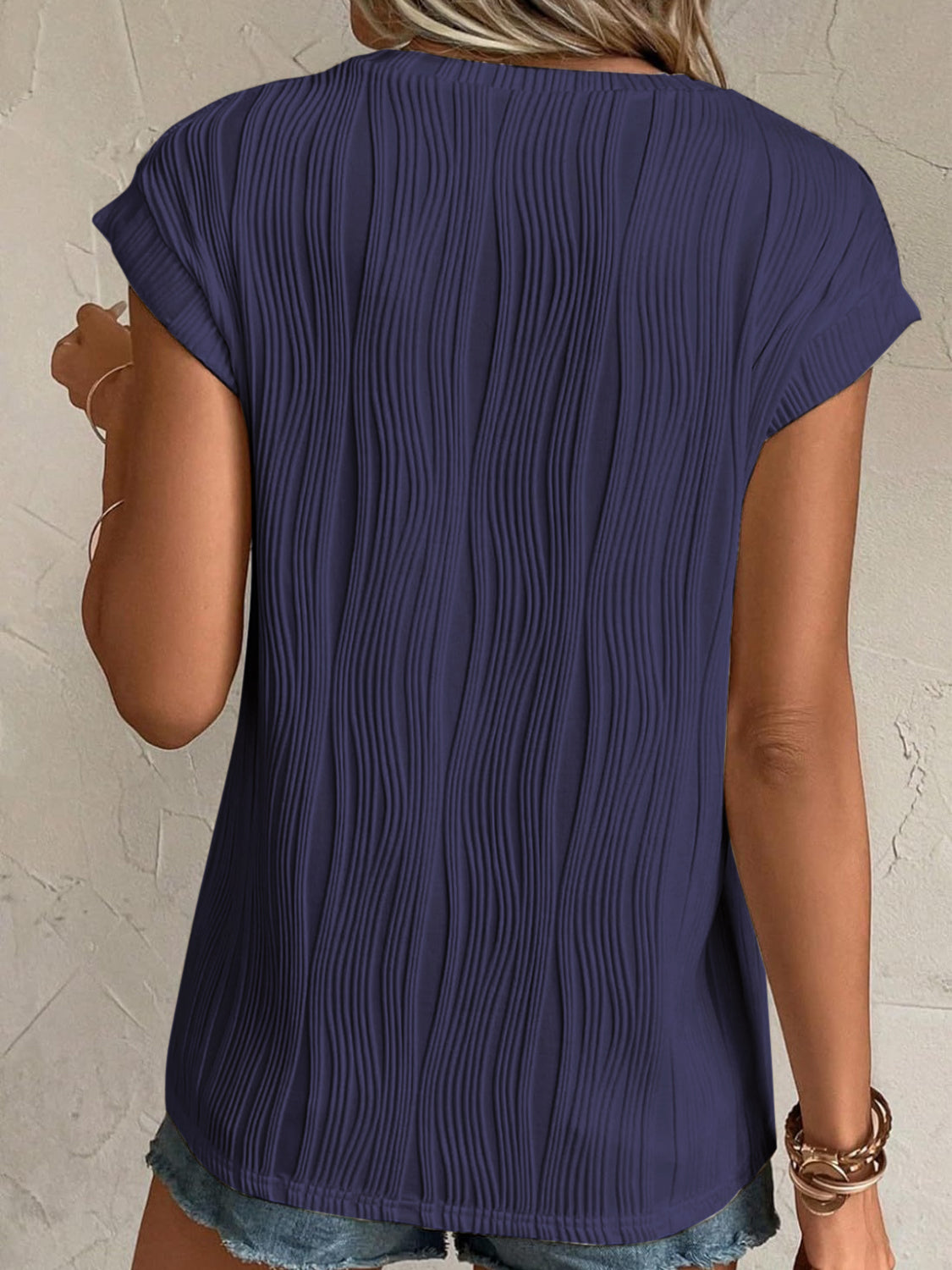 Back view of Women's Dark Navy Textured Round Neck Cap Sleeve T-Shirt