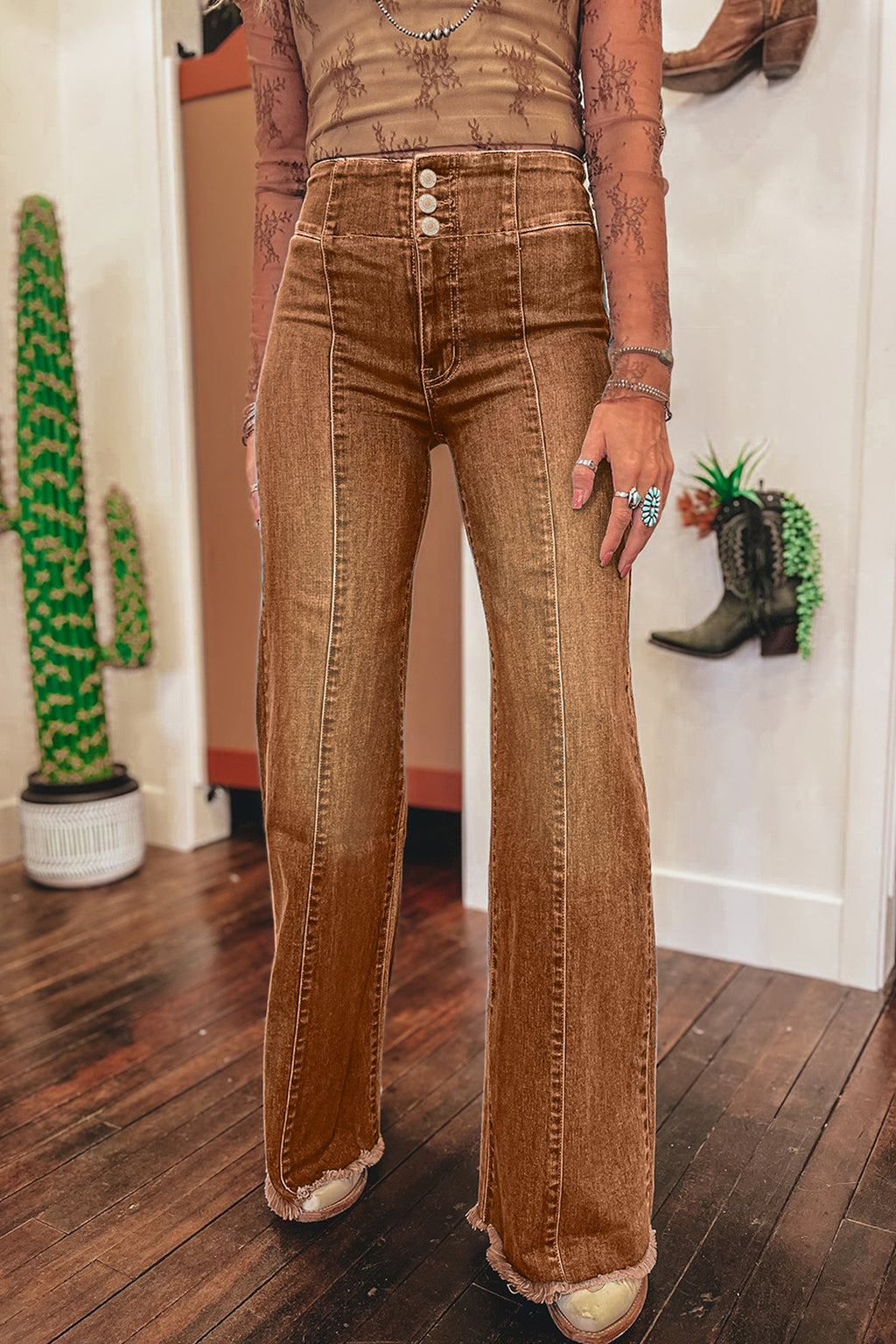 Model wearing Women's Vintage Copper High-Waist Jeans.