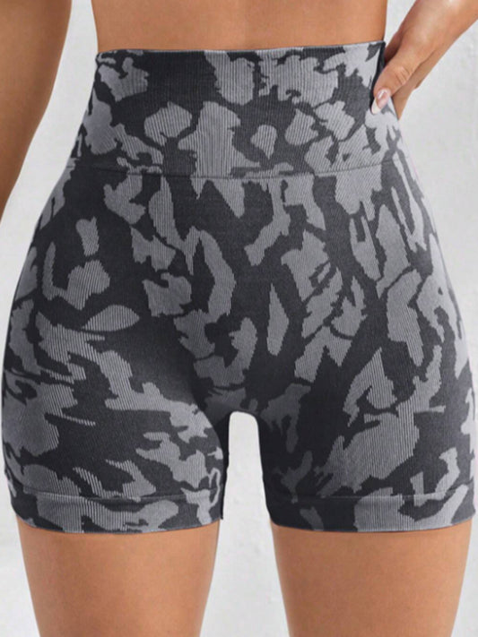 Ladies Black Slightly Stretch Abstract Printed High Waist Shorts - Front view