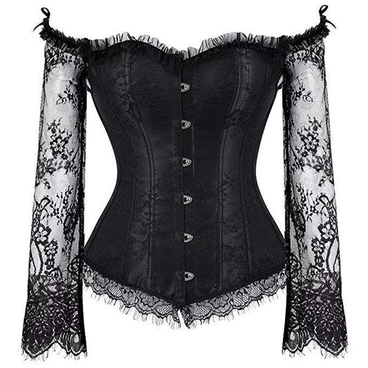 Black corset with lace details on a white background