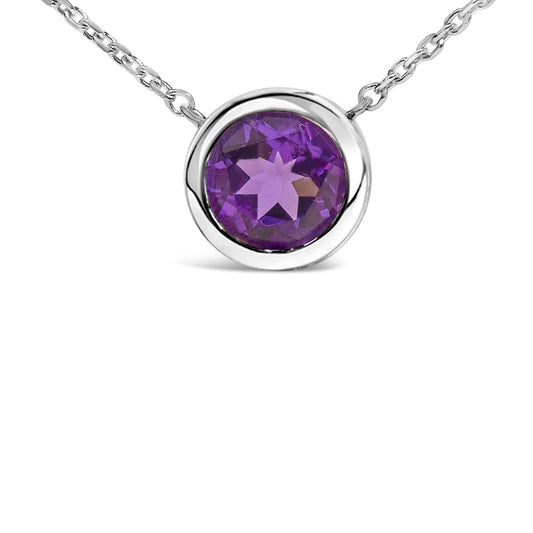 .925 Sterling Silver 7MM Bezel Set Created Gemstone Pendant Necklace - 18 Inches