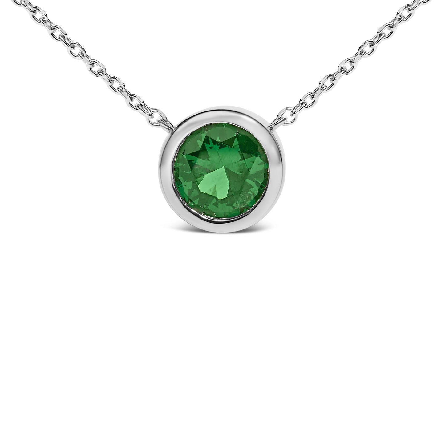 .925 Sterling Silver 7MM Bezel Set Created Gemstone Pendant Necklace - 18 Inches