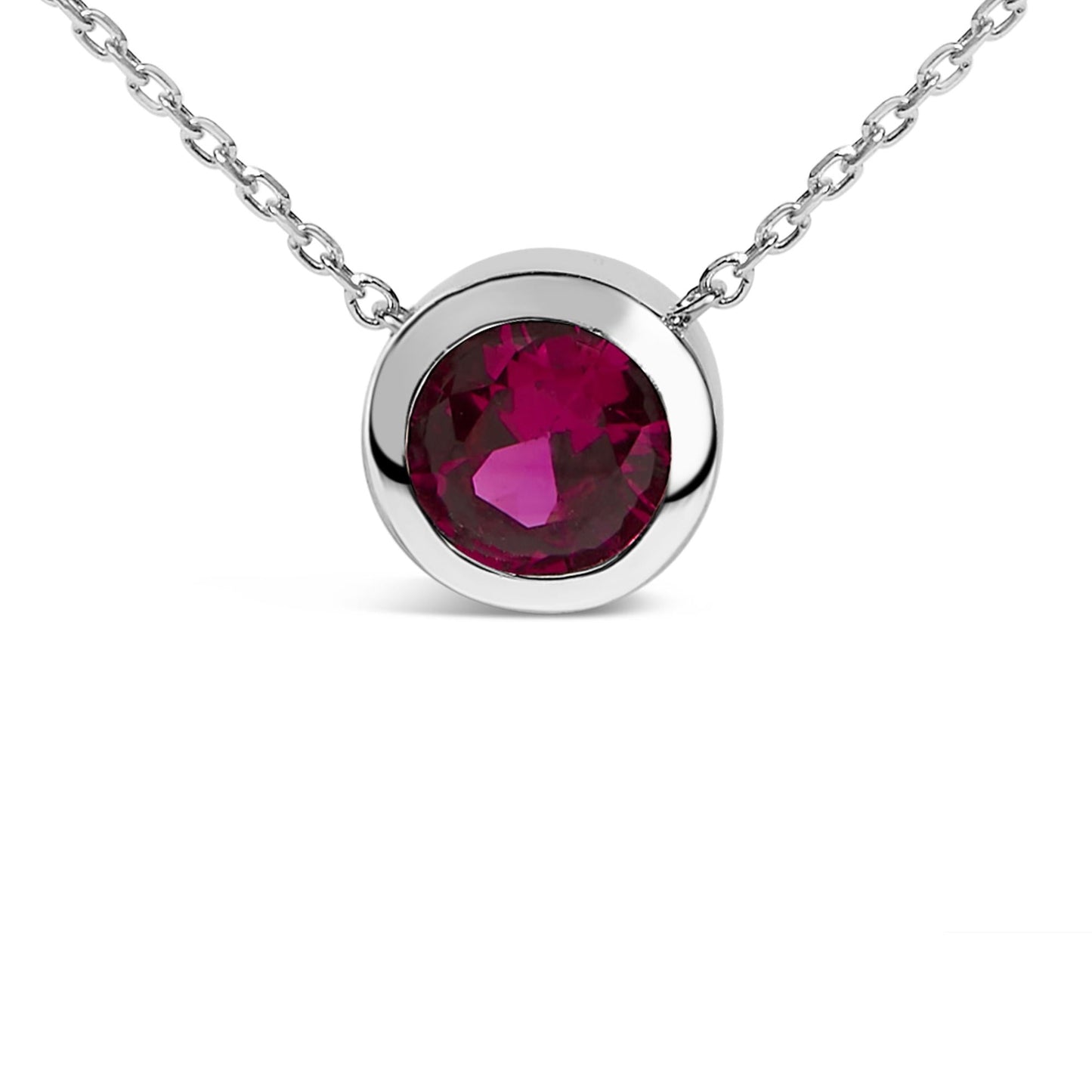 .925 Sterling Silver 7MM Bezel Set Created Gemstone Pendant Necklace - 18 Inches