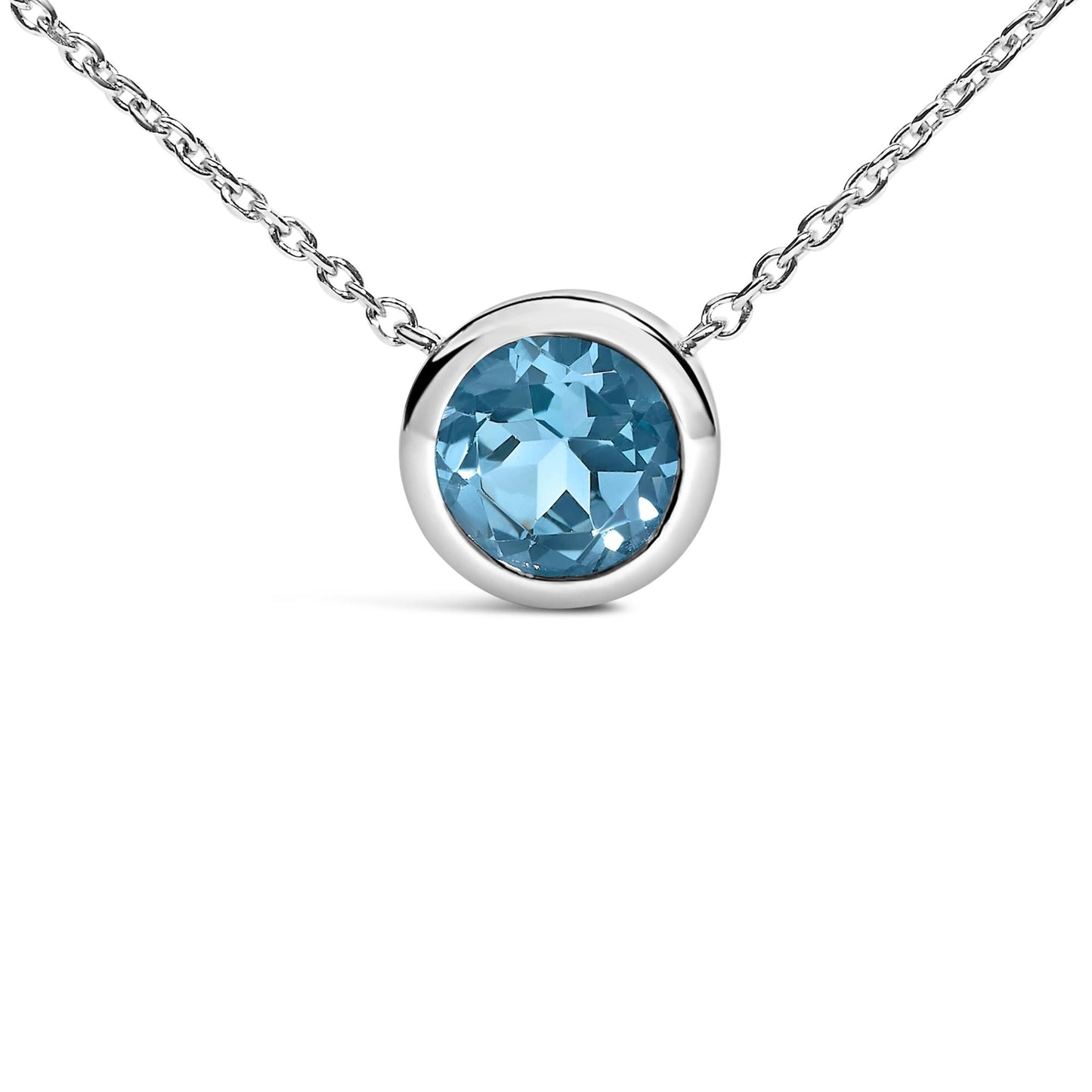 .925 Sterling Silver 7MM Bezel Set Created Gemstone Pendant Necklace - 18 Inches