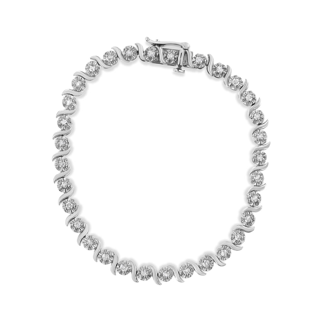 .925 Sterling Silver 1.0 Cttw Diamond Spiral Wave Curved-Link 7in Tennis Bracelet (I-J Color, I3 Clarity)