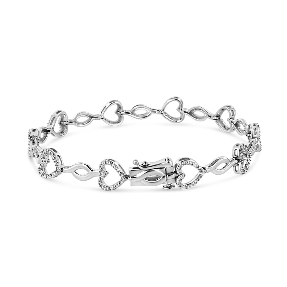 .925 Sterling Silver 1/4 Cttw Round-Cut Diamond Alternating Heart and Leaf Link Bracelet (I-J Color, I3 Clarity) - Size 7.25in