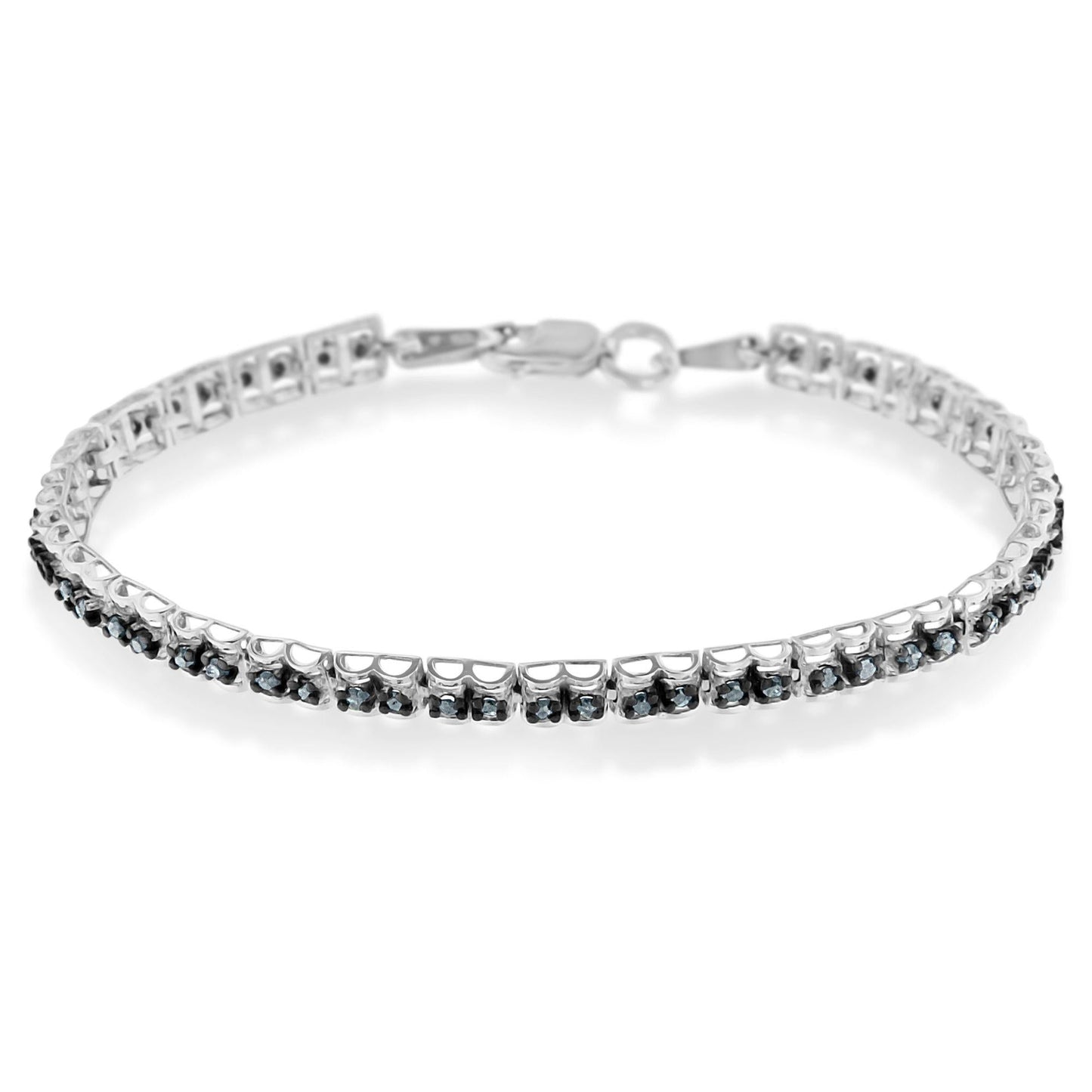 Black Rhodium over .925 Sterling Silver 1.0 Cttw Rose Cut Diamond Double-Link 7in Tennis Bracelet (Blue Color, I1-I2 Clarity)