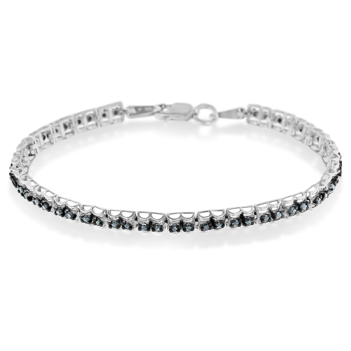 Black Rhodium over .925 Sterling Silver 1.0 Cttw Rose Cut Diamond Double-Link 7in Tennis Bracelet (Blue Color, I1-I2 Clarity)