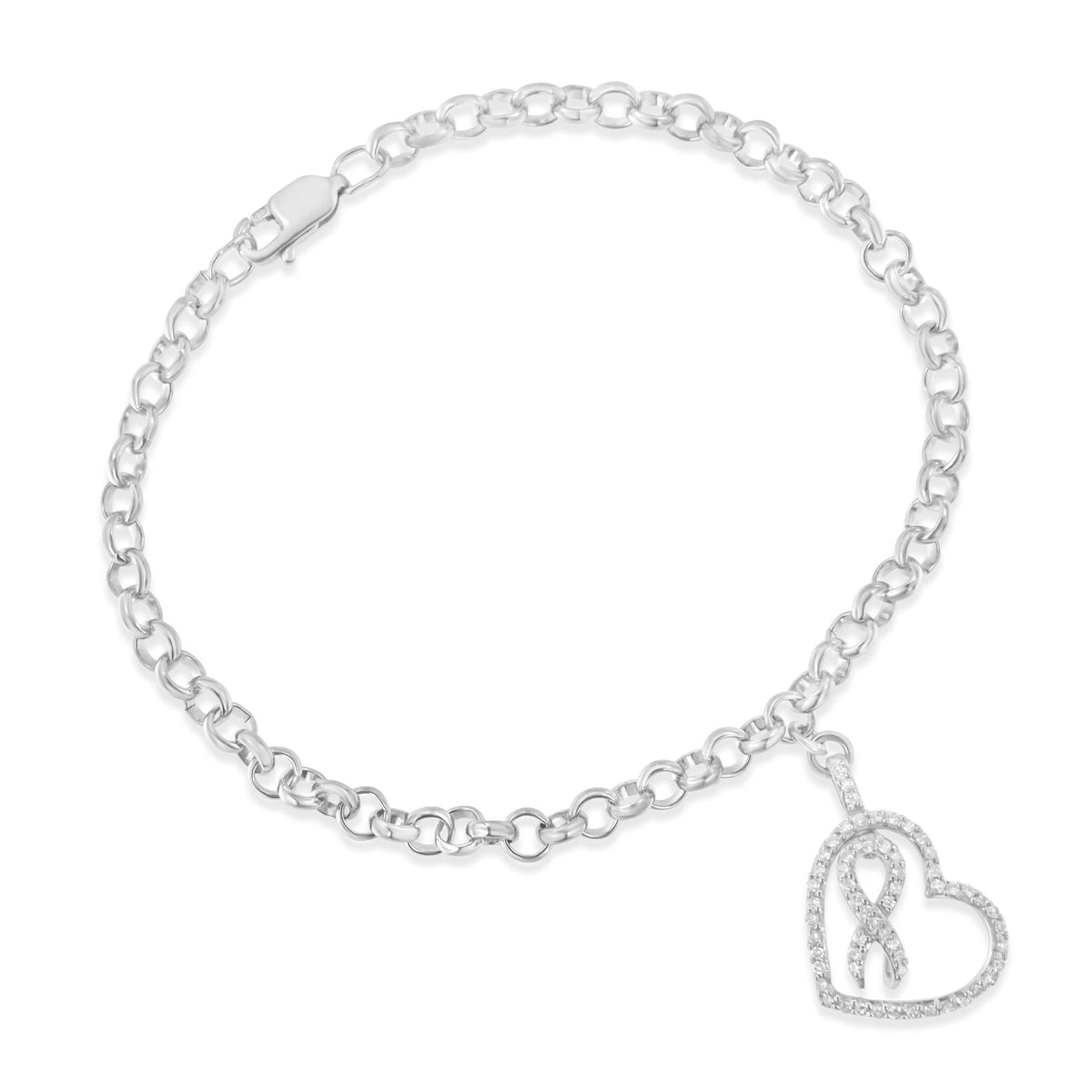 .925 Sterling Silver 1/4 Cttw Diamond-Accented Heart and Ribbon Charm 7in Link Chain Bracelet (H-I Color, I1-I2 Clarity)