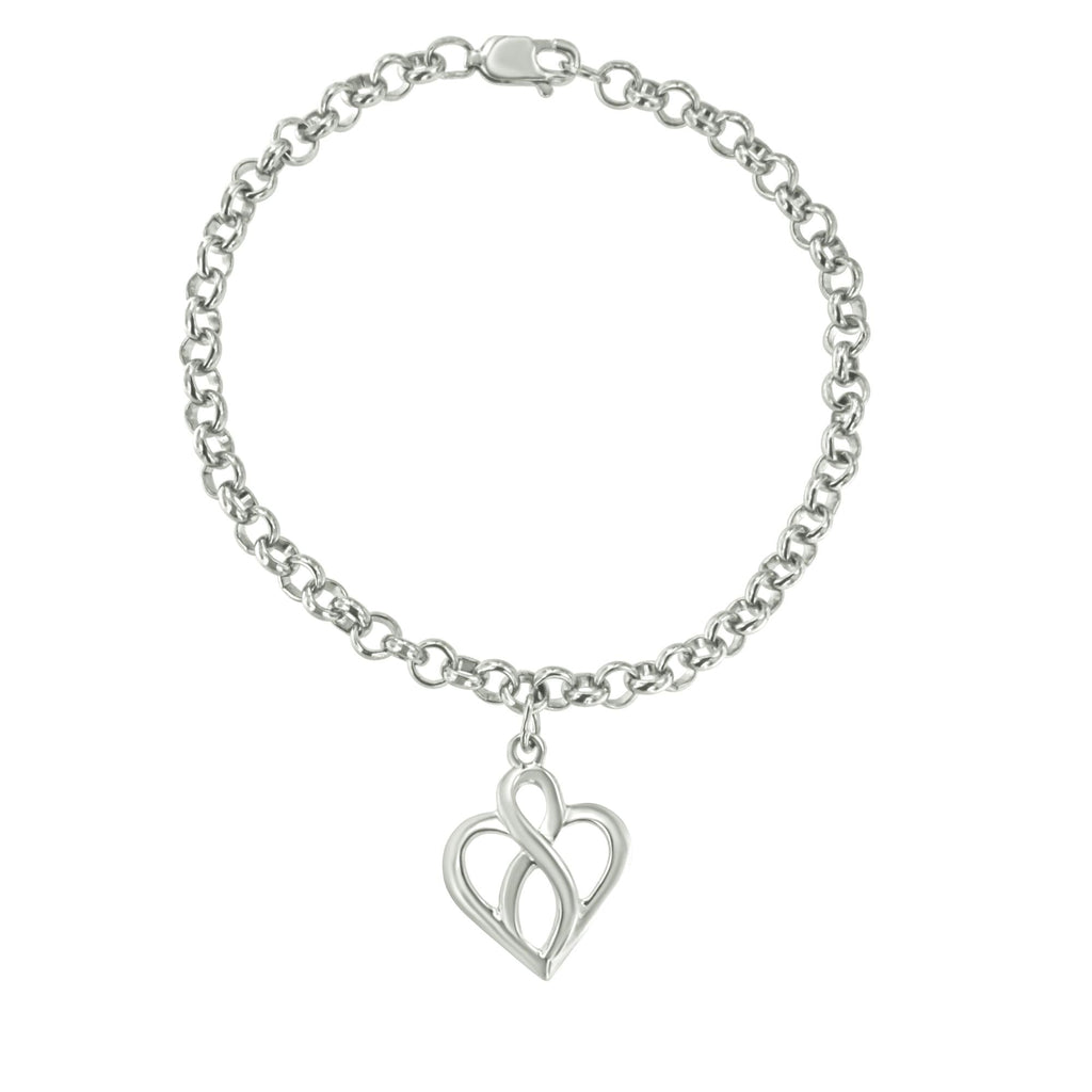 .925 Sterling Silver Open Heart with Center Vertical Infinity Chain Charm Bracelet - Size 7in