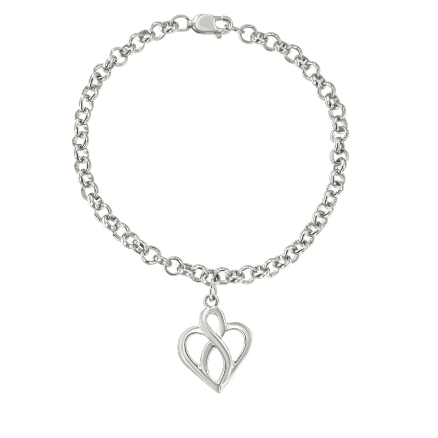 .925 Sterling Silver Open Heart with Center Vertical Infinity Chain Charm Bracelet - Size 7in