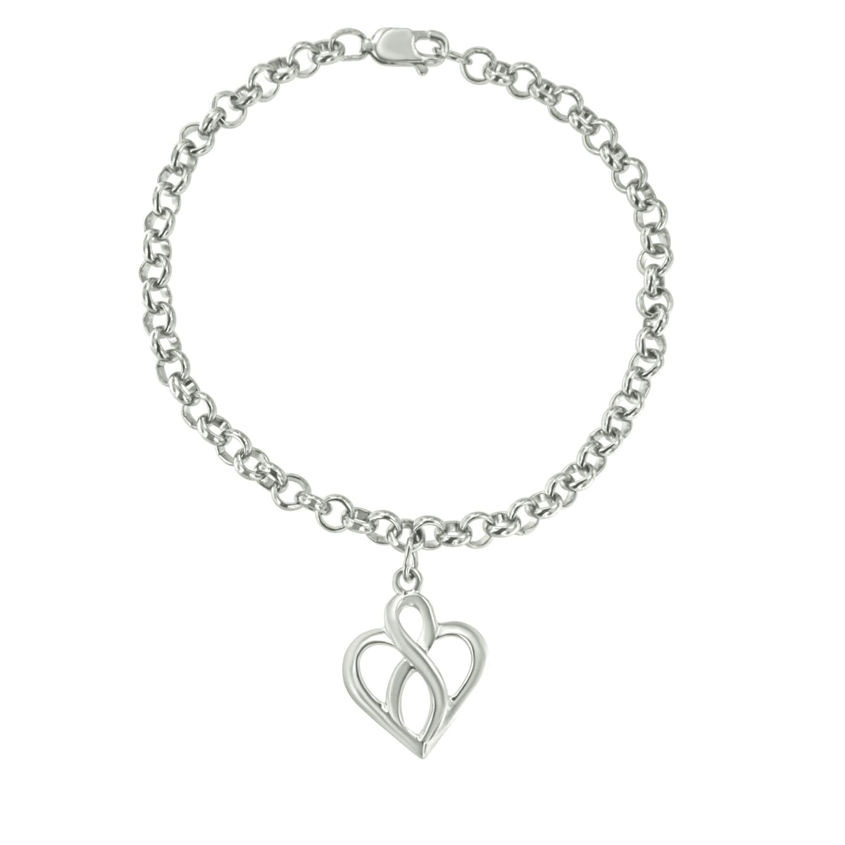 .925 Sterling Silver Open Heart with Center Vertical Infinity Chain Charm Bracelet - Size 7in