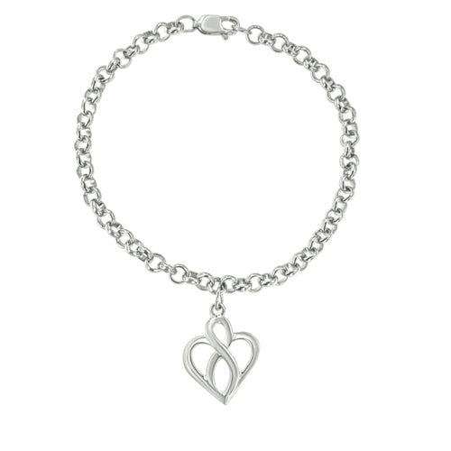 .925 Sterling Silver Open Heart with Center Vertical Infinity Chain Charm Bracelet - Size 7in