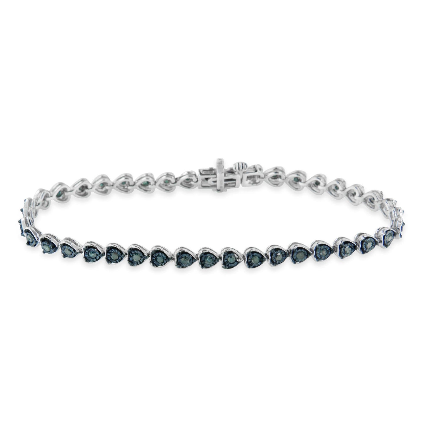 Black Rhodium over .925 Sterling Silver 1.0 Cttw Miracle Set Diamond Heart-Link 7in Tennis Bracelet (Blue Color, I2-I3 Clarity)