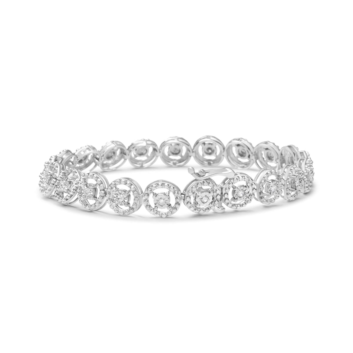 .925 Sterling Silver 1/2 Cttw Diamond Nested Circle Miracle Set Open Wheel 7in Fashion Link Bracelet (I-J Color, I3 Clarity)