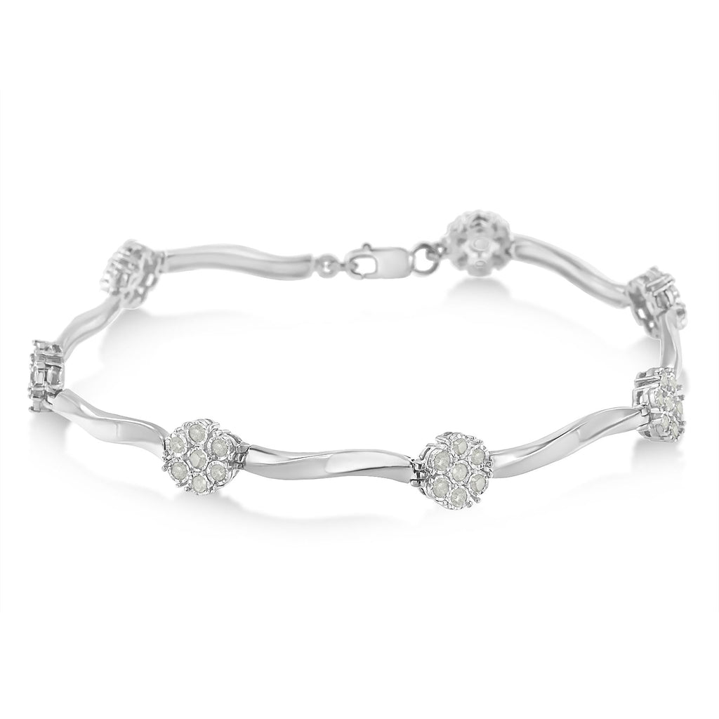 .925 Sterling Silver 1.0 cttw Miracle-Set Diamond 7 Stone Floral Cluster Link Bracelet (I-J Color, I3 Clarity) -7in