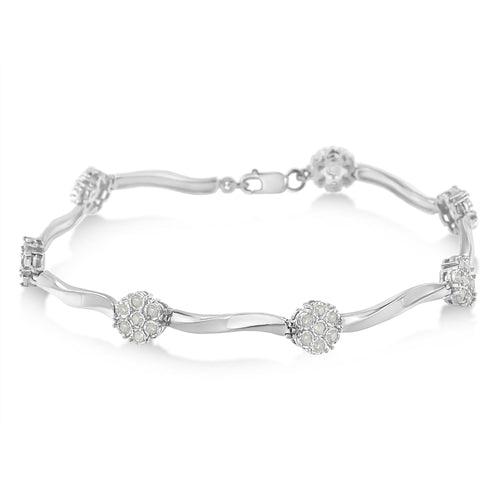 .925 Sterling Silver 1.0 cttw Miracle-Set Diamond 7 Stone Floral Cluster Link Bracelet (I-J Color, I3 Clarity) -7in