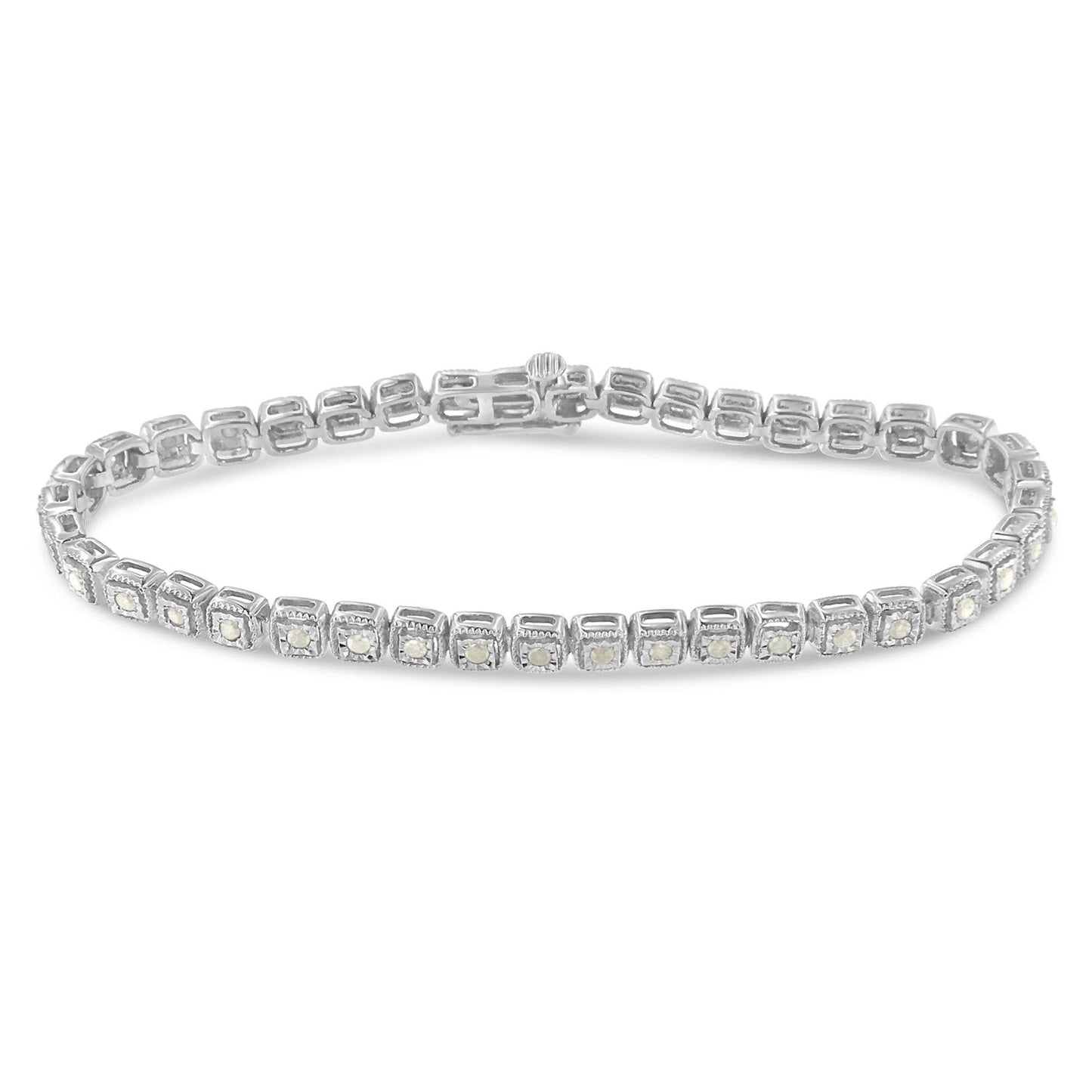 .925 Sterling Silver 1.0 Cttw Diamond Miracle-Set Square Milgrain 7in Link Tennis Bracelet (I-J Color, I3 Clarity)