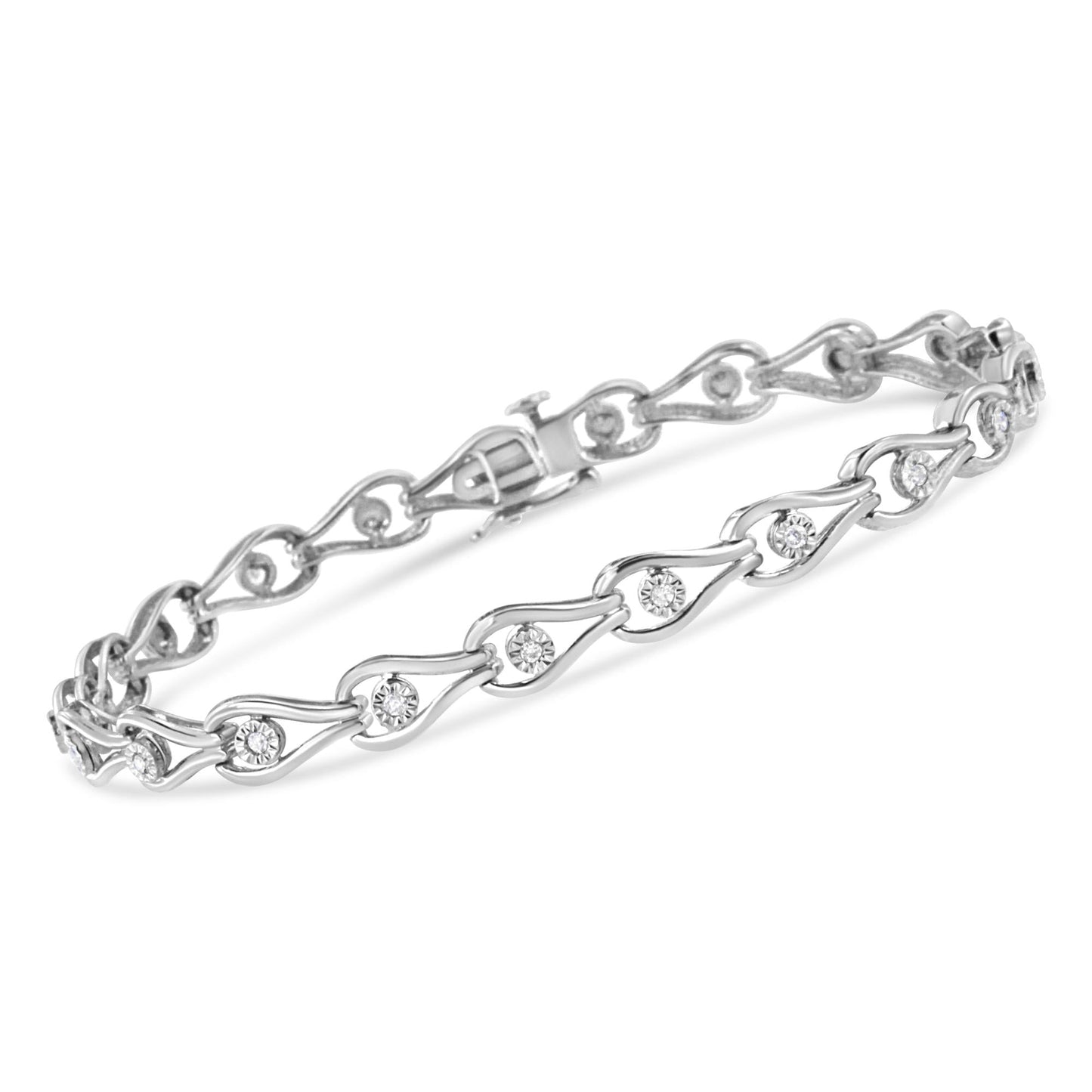 .925 Sterling Silver 1/10 Cttw Miracle-Set Diamond Pear Shape and Bezel Link Bracelet (I-J Color, I3 Clarity) - 7.25in
