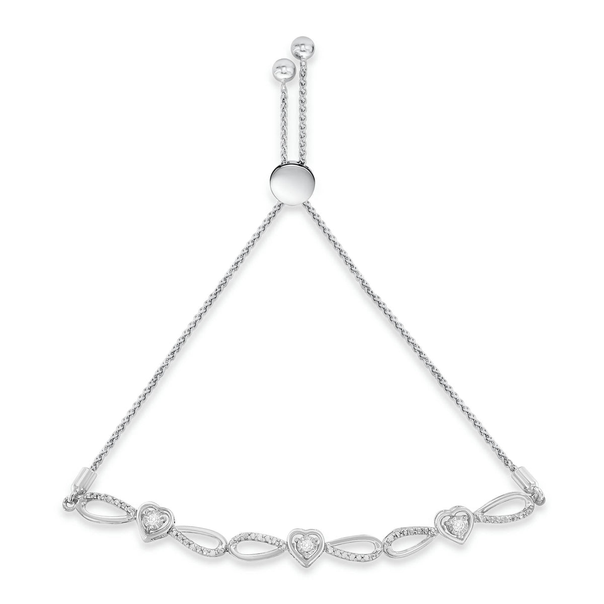 .925 Sterling Silver Diamond Accent Heart and Infinity 6in-9in Adjustable Bolo Bracelet (I-J Color, I3 Clarity)