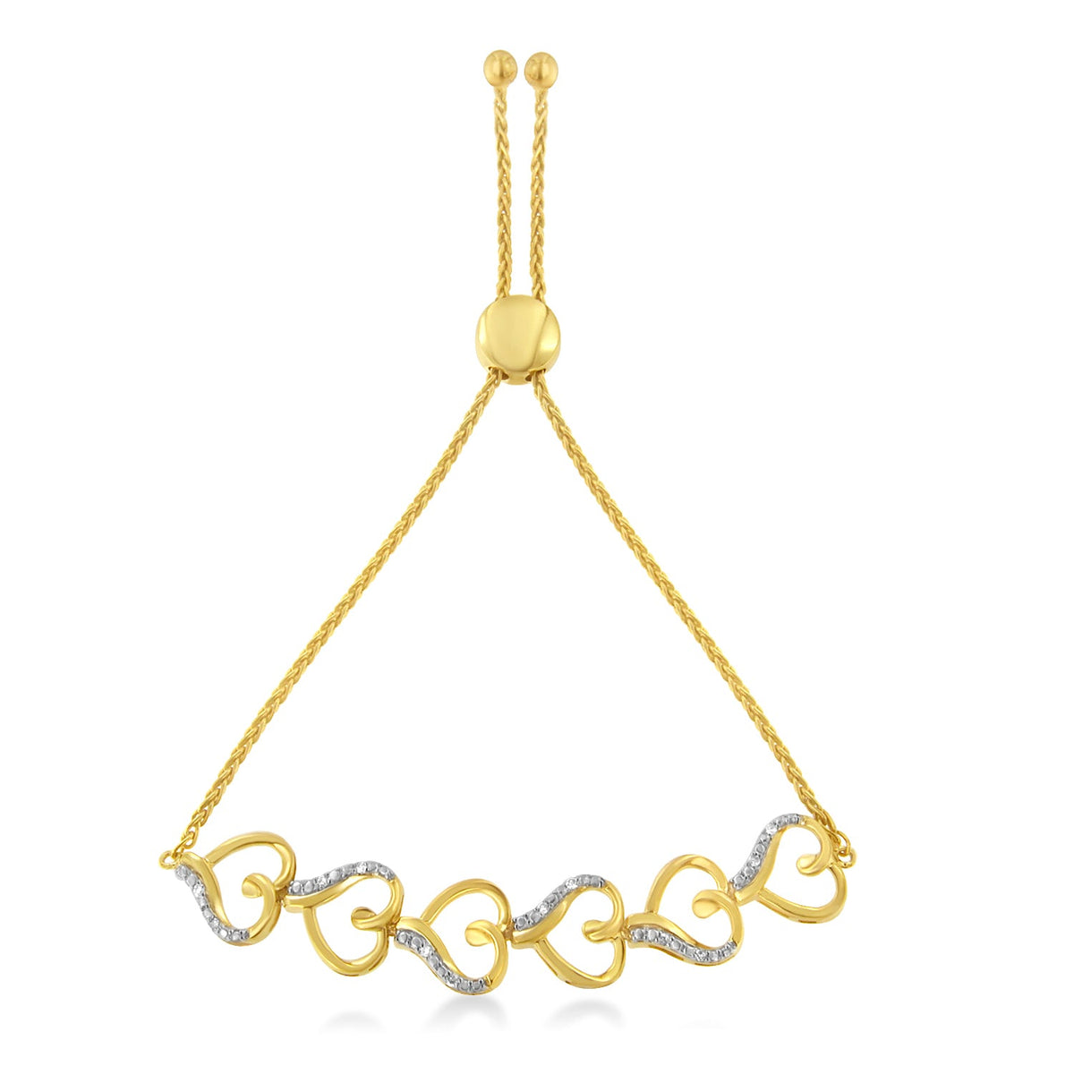 10K Yellow Gold over .925 Sterling Silver Diamond Accented Open Hearts 6in-9in Adjustable Chain Bolo Bracelet (H-I Color, I2-I3 Clarity)