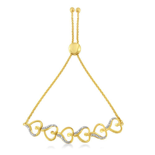 10K Yellow Gold over .925 Sterling Silver Diamond Accented Open Hearts 6in-9in Adjustable Chain Bolo Bracelet (H-I Color, I2-I3 Clarity)