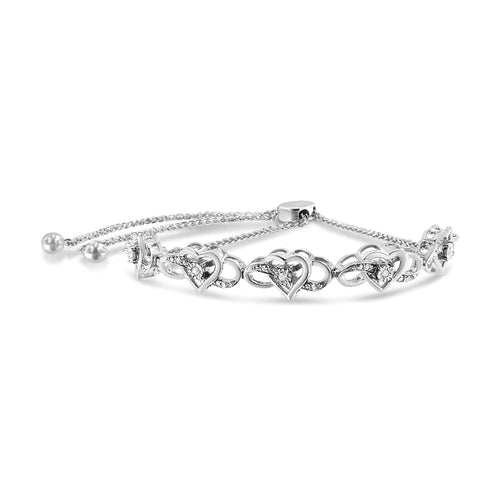 .925 Sterling Silver Miracle Set Diamond Accented Infinity Hearts 6in-9in Adjustable Bolo Bracelet (H-I Color, I2-I3 Clarity)