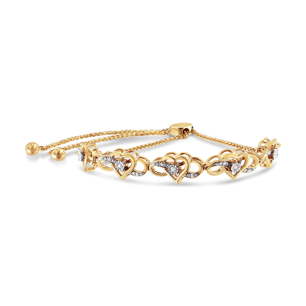 14K Yellow Gold Plated .925 Sterling Silver 1/10 Cttw Diamond Infinity Heart Shaped 4in-10in Adjustable Bolo Bracelet (H-I Color, I2-I3 Clarity)