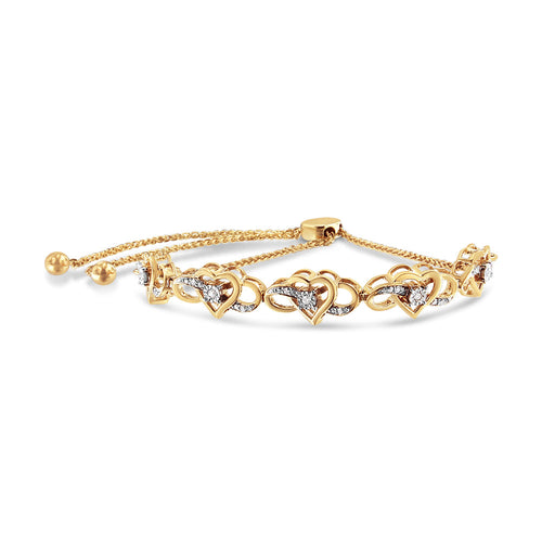 14K Yellow Gold Plated .925 Sterling Silver 1/10 Cttw Diamond Infinity Heart Shaped 4in-10in Adjustable Bolo Bracelet (H-I Color, I2-I3 Clarity)