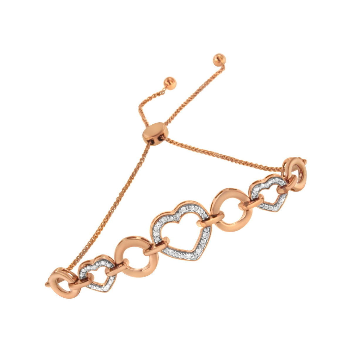 10K Rose Gold over .925 Sterling Silver 1/10 Cttw Round-Cut Diamond Heart Link Adjustable Bolo Bracelet (H-I Color, I2-I3 Clarity) - 6in-9in Adjustable