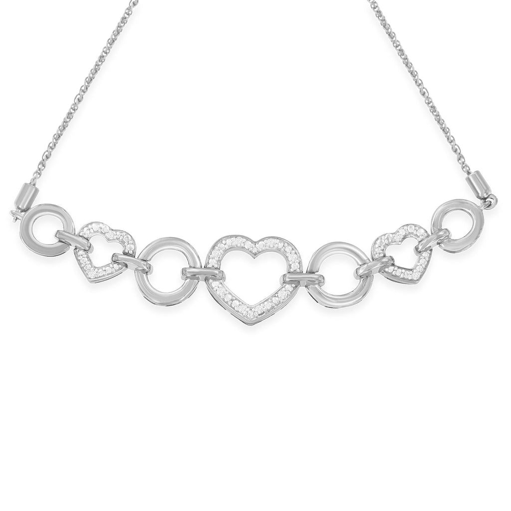 .925 Sterling Silver 1/10 Cttw Round-Cut Diamond Heart-Link Adjustable Bolo Bracelet ( H-I Color, I2-I3 Clarity) - 6in-9in Adjustable