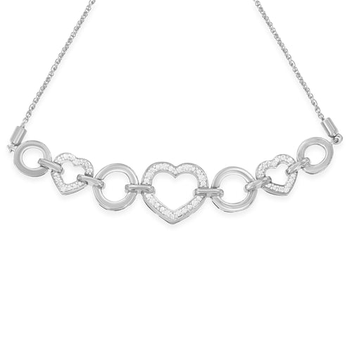 .925 Sterling Silver 1/10 Cttw Round-Cut Diamond Heart-Link Adjustable Bolo Bracelet ( H-I Color, I2-I3 Clarity) - 6in-9in Adjustable