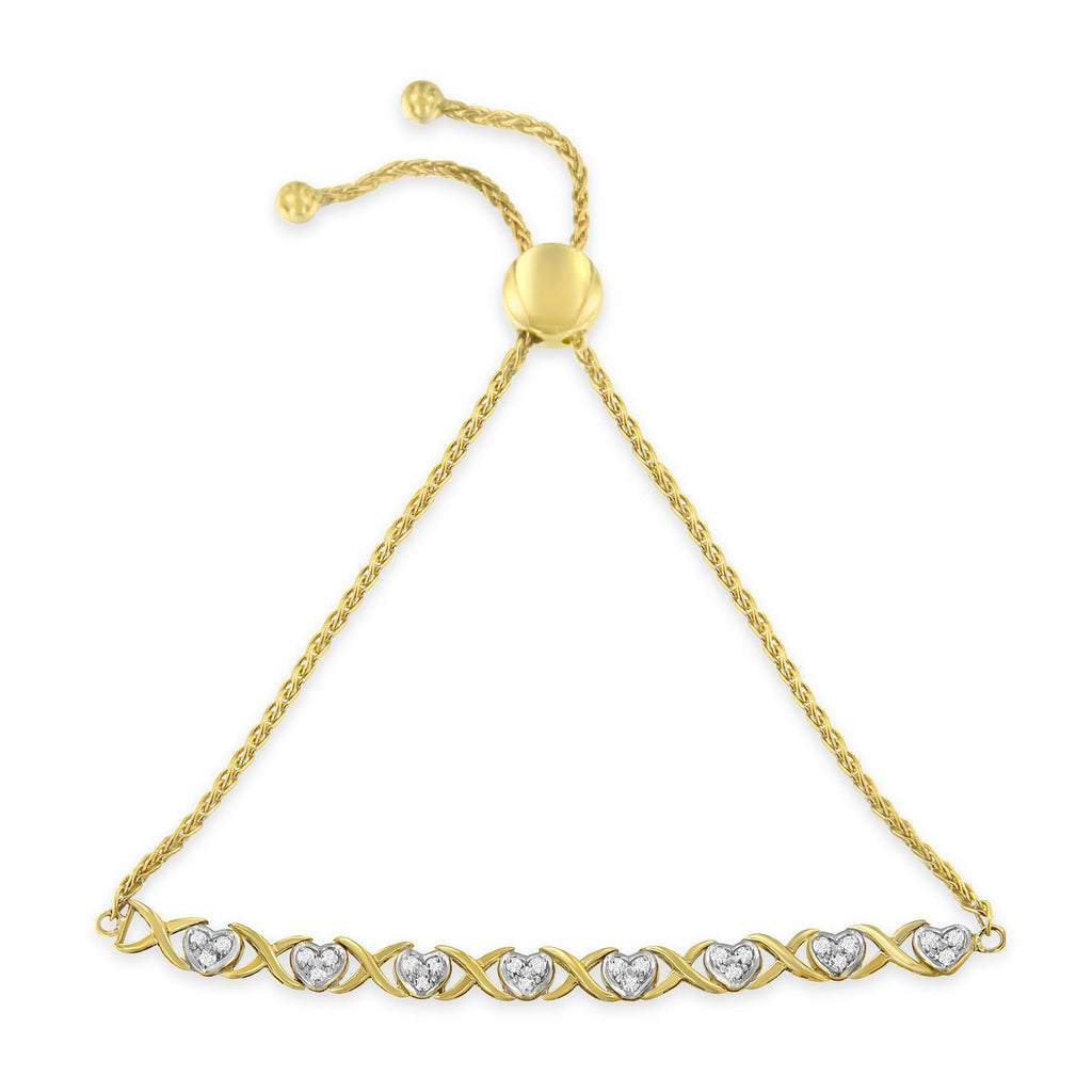 10K Yellow Gold over .925 Sterling Silver 1/10 Cttw Diamond Heart and X-Link 6in-9in Adjustable Bolo Bracelet (H-I Color, I2-I3 Clarity)
