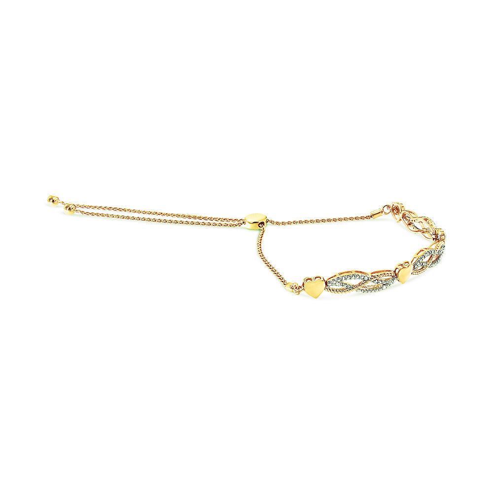 14K Yellow Gold Plated .925 Sterling Silver 1/10 Cttw Diamond Wave and Hearts Bolo Bracelet (I-J Color, I2-I3 Clarity) - 4in-10in Adjustable