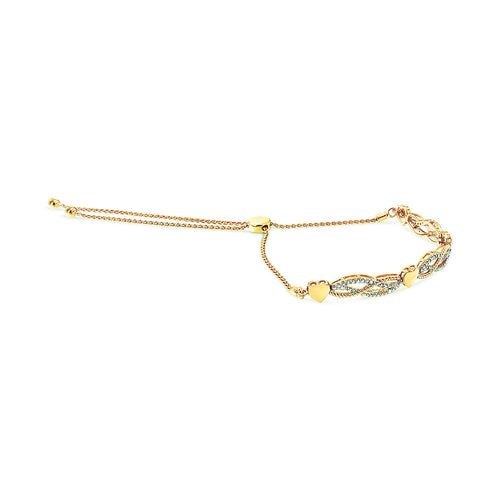 14K Yellow Gold Plated .925 Sterling Silver 1/10 Cttw Diamond Wave and Hearts Bolo Bracelet (I-J Color, I2-I3 Clarity) - 4in-10in Adjustable