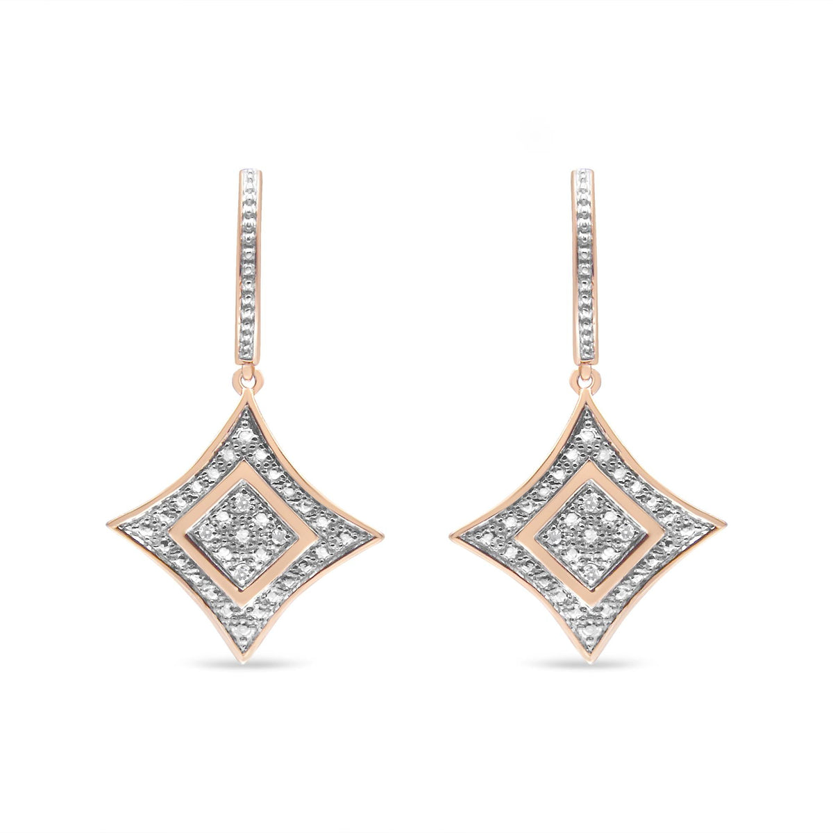 10K Rose Gold Plated Sterling Silver Round Cut Diamond Cushion Dangle Earrings (0.04 cttw, H-I Color, I2-I3 Clarity)