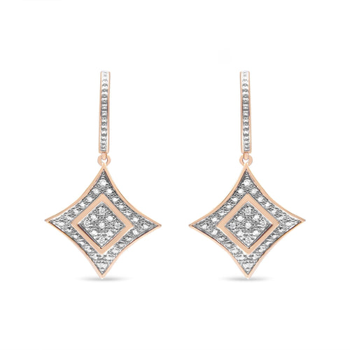 10K Rose Gold Plated Sterling Silver Round Cut Diamond Cushion Dangle Earrings (0.04 cttw, H-I Color, I2-I3 Clarity)