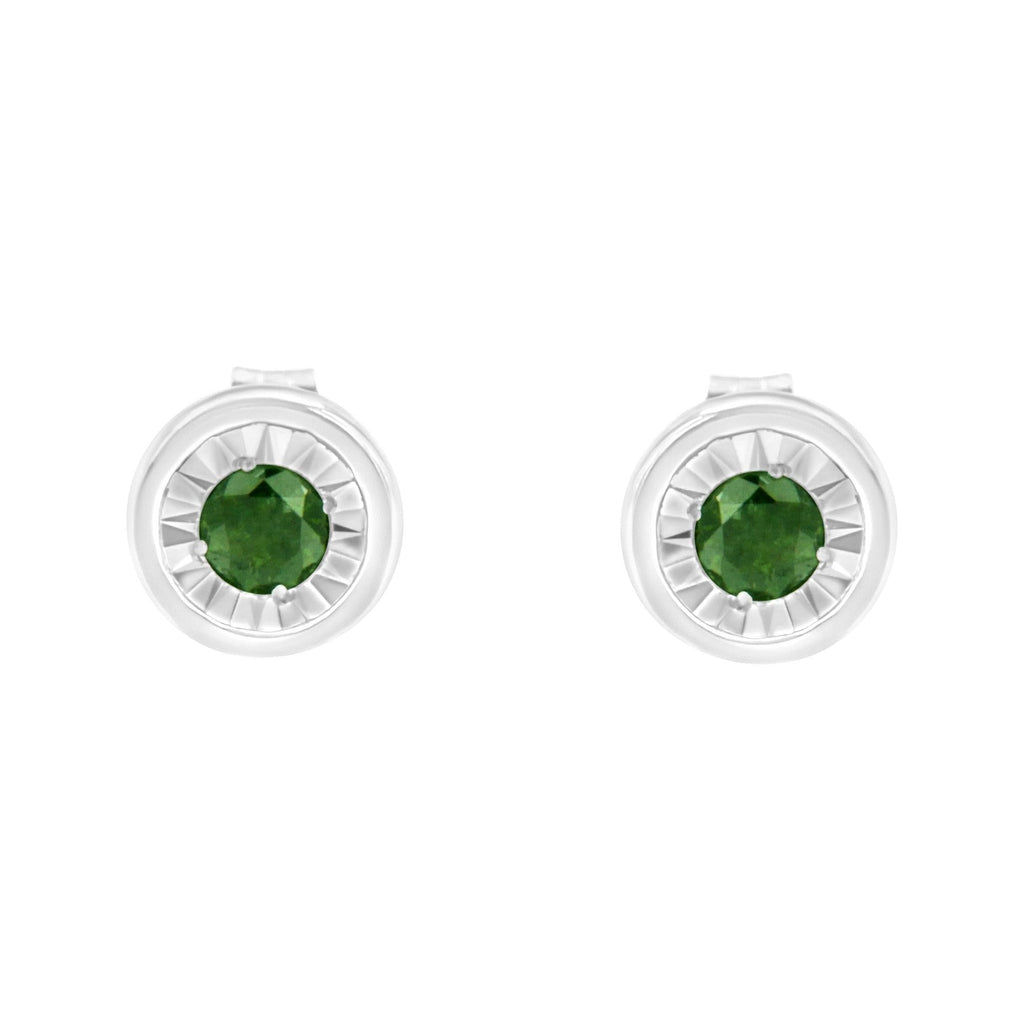.925 Sterling Silver 1/4 Cttw Round Brilliant-Cut Green Diamond Miracle-Set Stud Earrings (Fancy Color-Enhanced, I1-I2 Clarity)