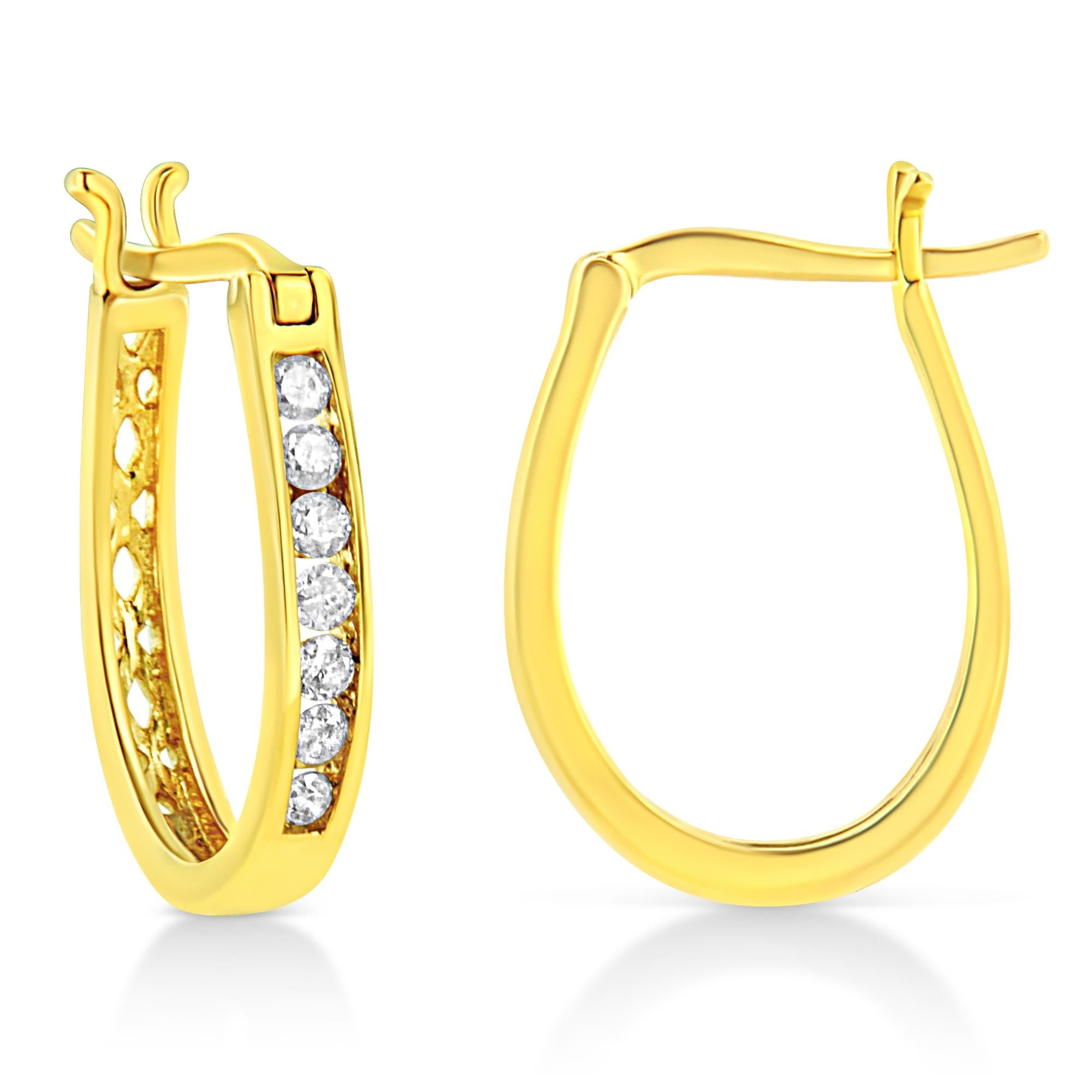 14K Yellow Gold Plated .925 Sterling Silver 1/4 Cttw Diamond Leverback 3/4 Inch Hoop Earrings (K-L Color, I2-I3 Clarity)