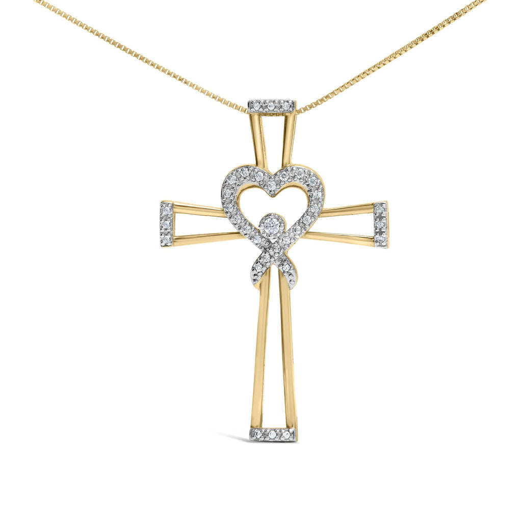 14K Yellow Gold Plated .925 Sterling Silver 1/6 Cttw Diamond Interlocking Heart and Ribbon Cross Pendant Necklace (H-I Color, I2-I3 Clarity) - 18in