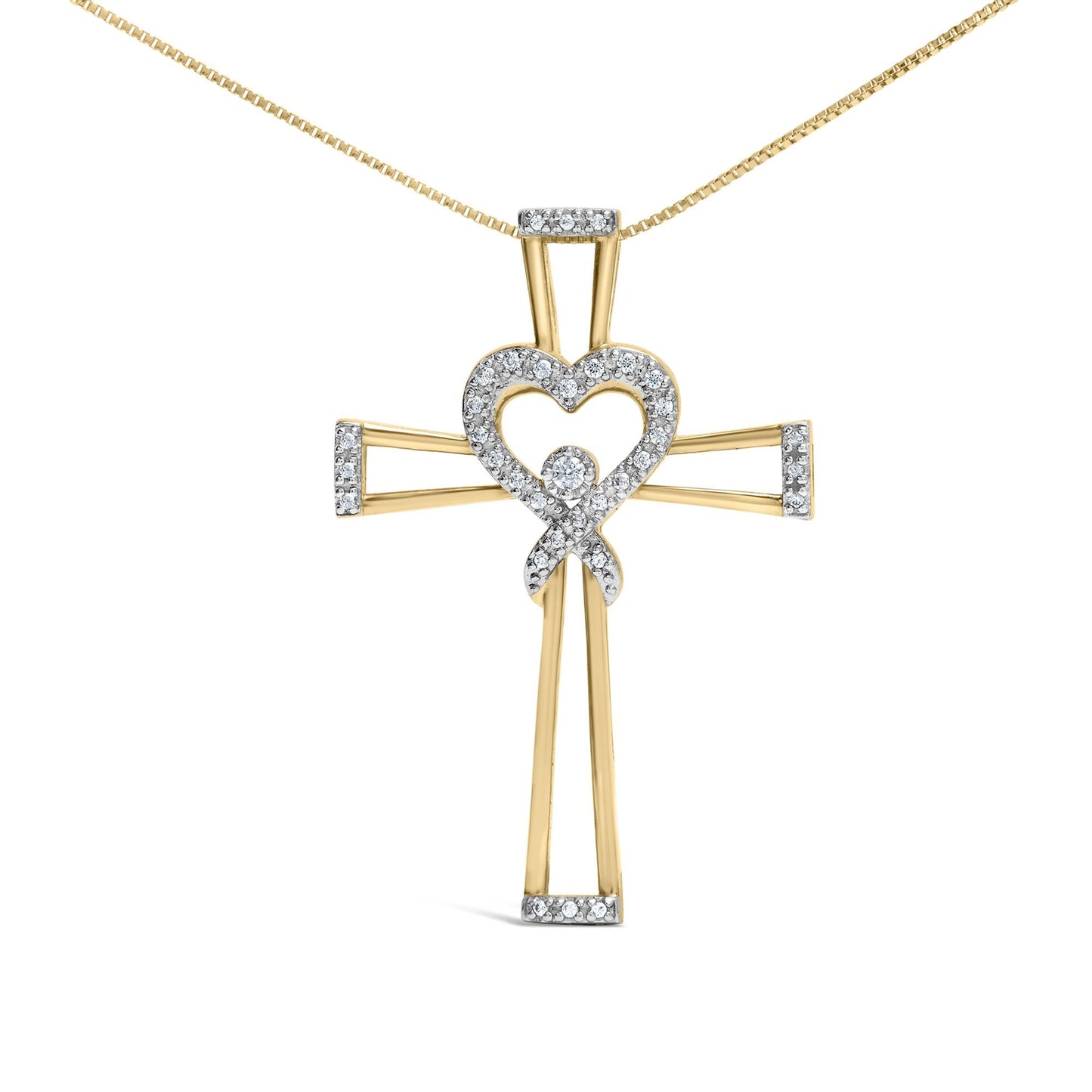 14K Yellow Gold Plated .925 Sterling Silver 1/6 Cttw Diamond Interlocking Heart and Ribbon Cross Pendant Necklace (H-I Color, I2-I3 Clarity) - 18in
