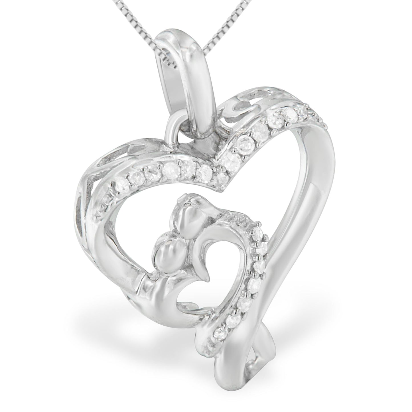 .925 Sterling Silver 1/10 Cttw Diamond Mother & Child Double Open Heart 18in Pendant Necklace (H-I Color, I2-I3 Clarity)