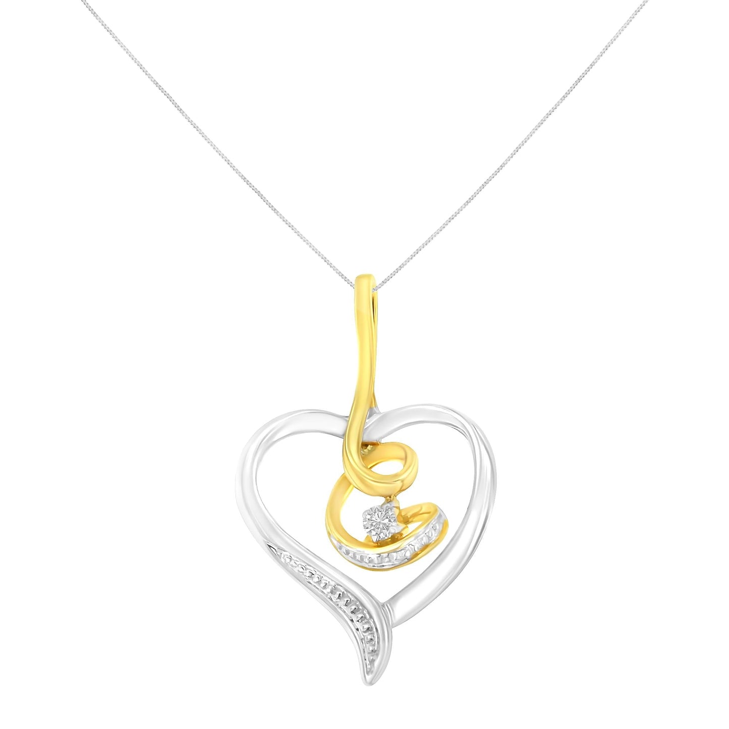 Espira 10K Two-Tone Yellow & White Gold .03 Cttw Diamond-Accented Round-Cut Diamond Swirl Open Heart 18in Pendant Necklace (I-J Color, I2-I3 Clarity)