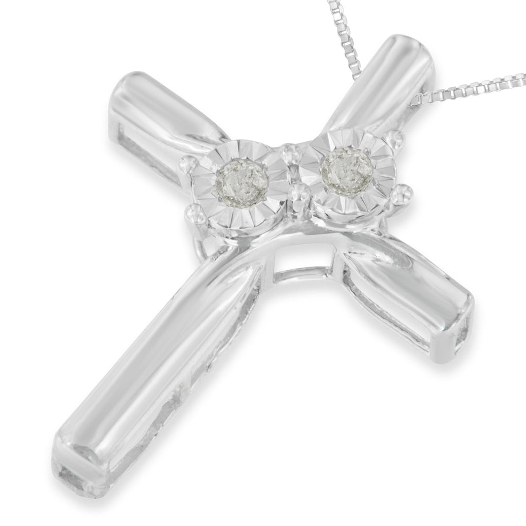 .925 Sterling Silver 1/10 Cttw Diamond Miracle-Set 2 Stone 'Together Forever' Curved Cross 18in Pendant Necklace (I-J Color, I2-I3 Clarity)